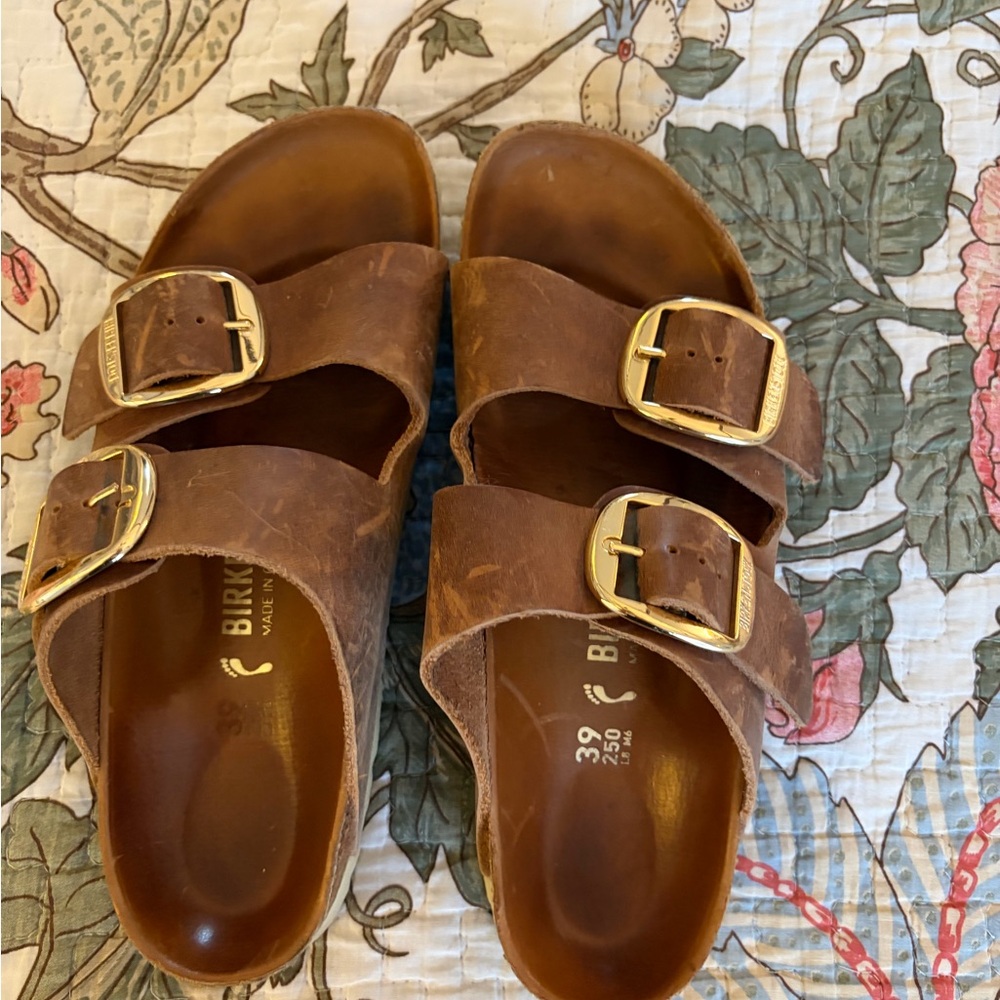 Birkenstock Arizona Dual Buckle Sandals in Brown with Gold Buckles